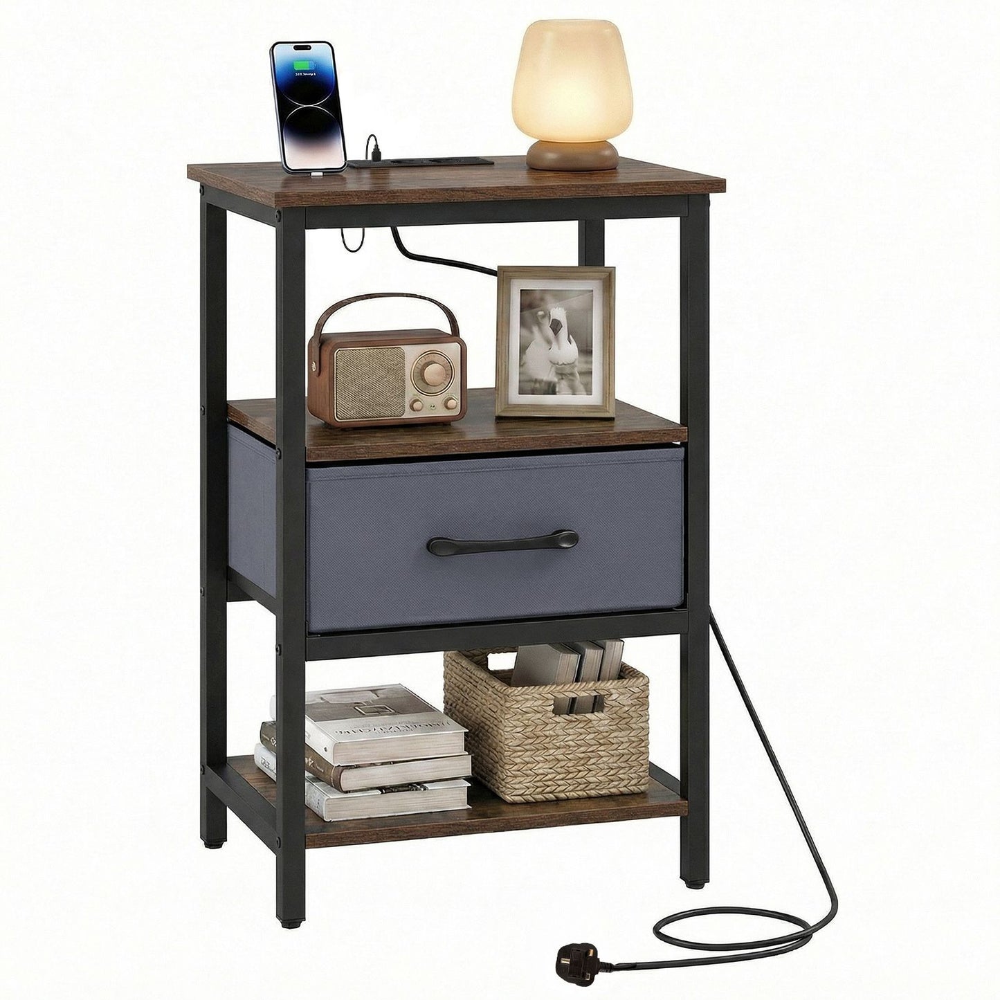 Nightstand Bedside Table with Charging Station and Drawer