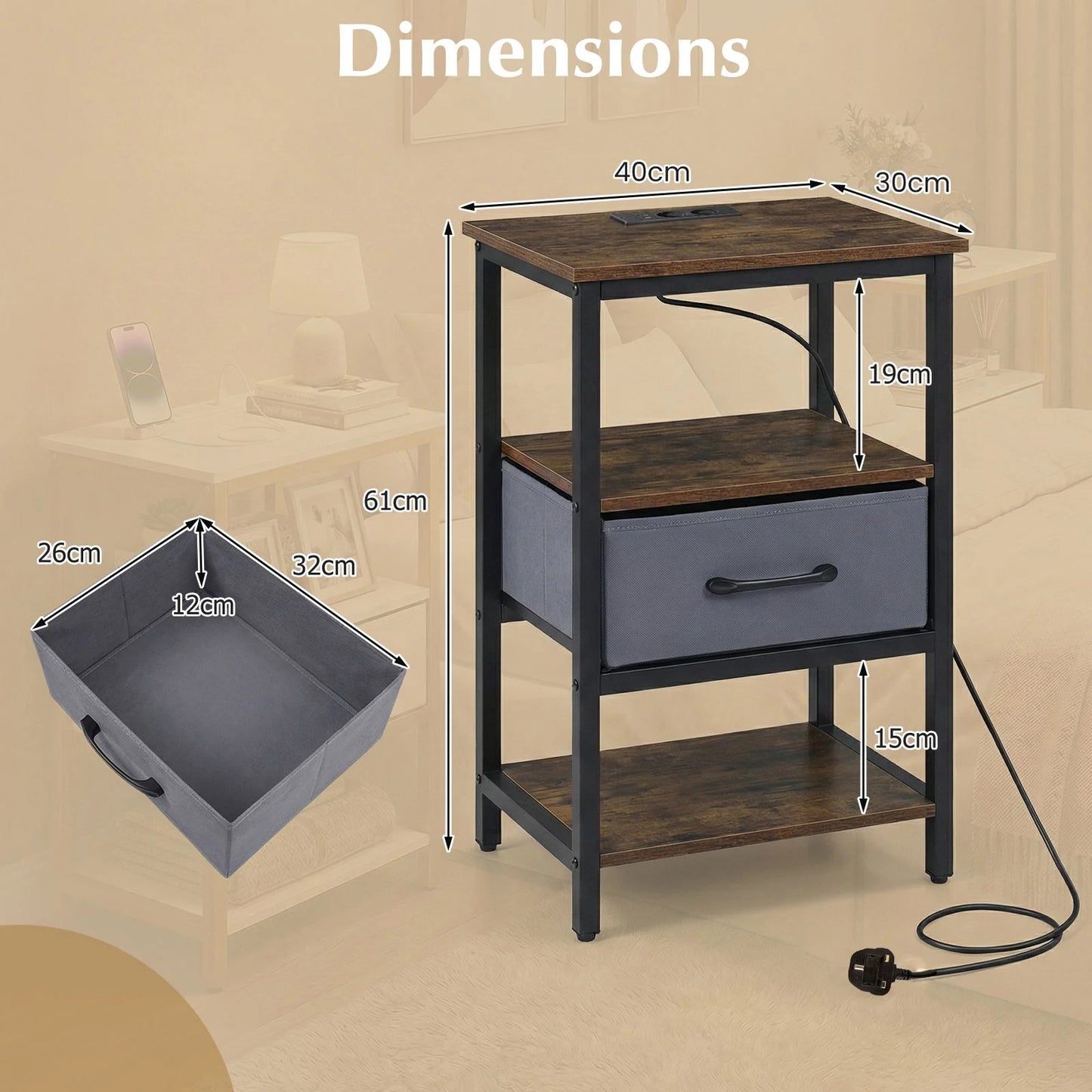 Nightstand Bedside Table with Charging Station and Drawer