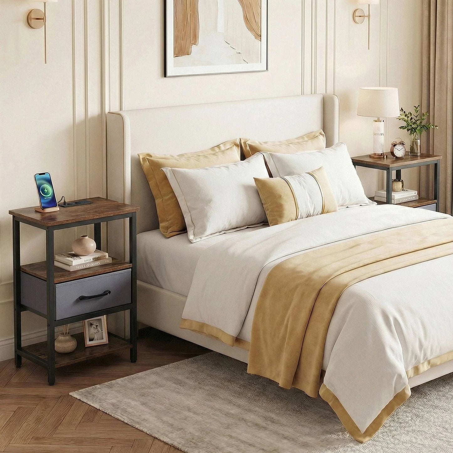 Nightstand Bedside Table with Charging Station and Drawer