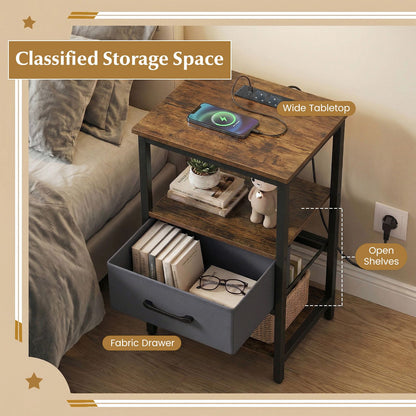 Nightstand Bedside Table with Charging Station and Drawer
