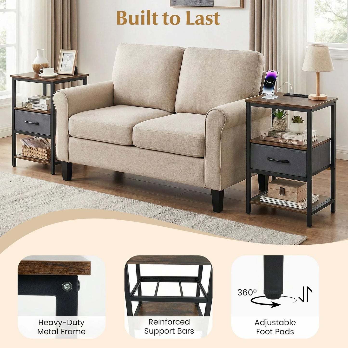 Nightstand Bedside Table with Charging Station and Drawer