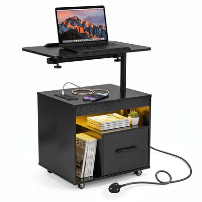 Nightstand with Charging Station and Rotatable Tabletop on Wheels for Bedroom