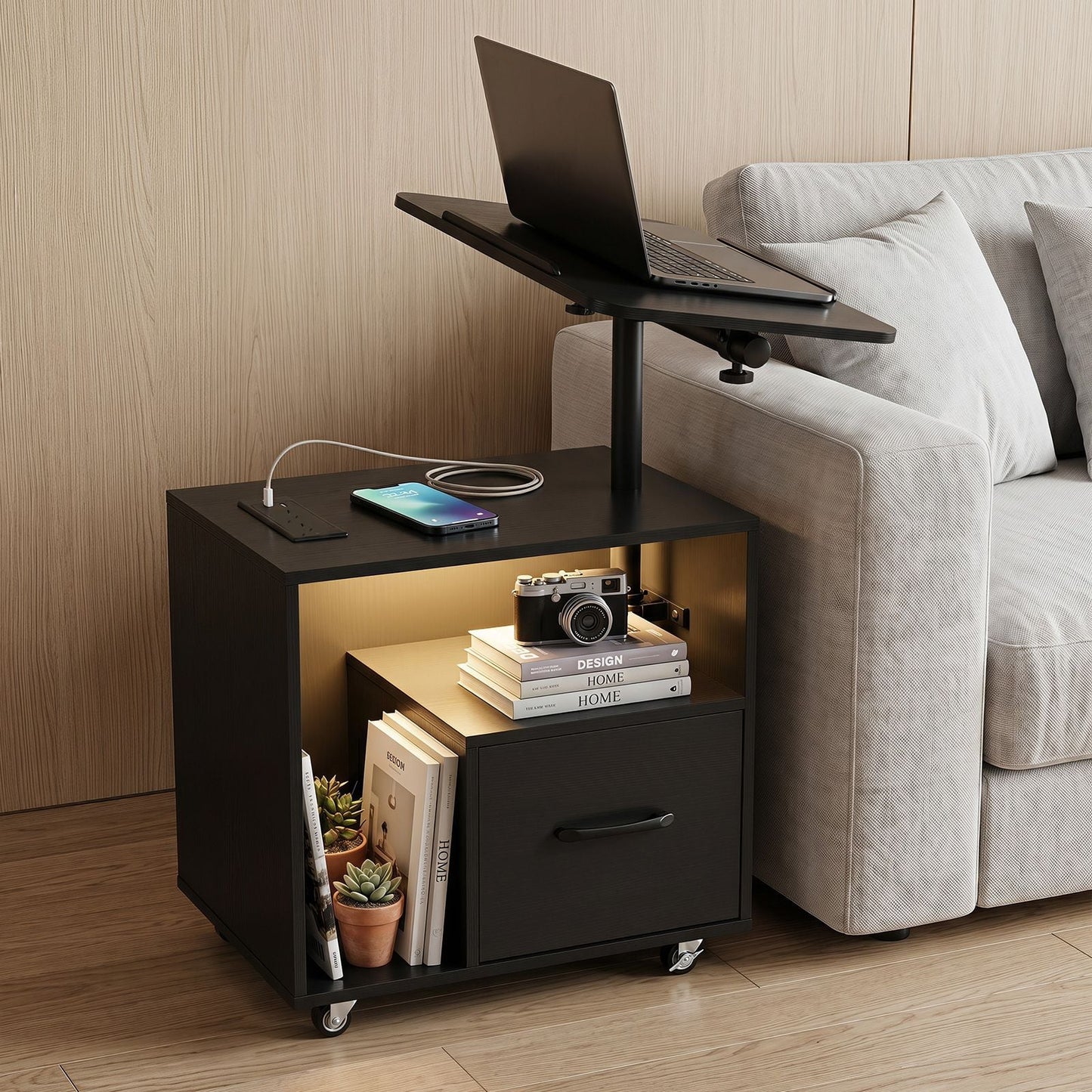 Nightstand with Charging Station and Rotatable Tabletop on Wheels for Bedroom