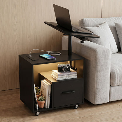 Nightstand with Charging Station and Rotatable Tabletop on Wheels for Bedroom