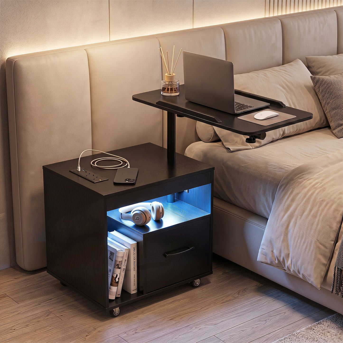 Nightstand with Charging Station and Rotatable Tabletop on Wheels for Bedroom