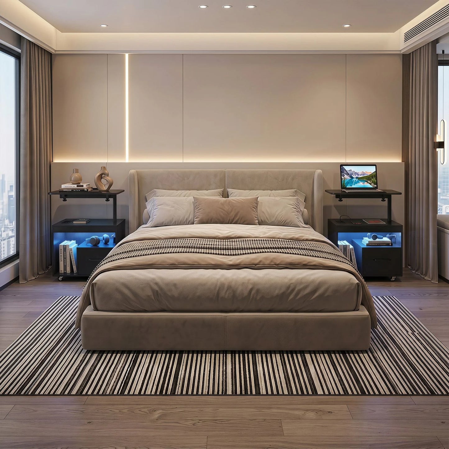 Nightstand with Charging Station and Rotatable Tabletop on Wheels for Bedroom