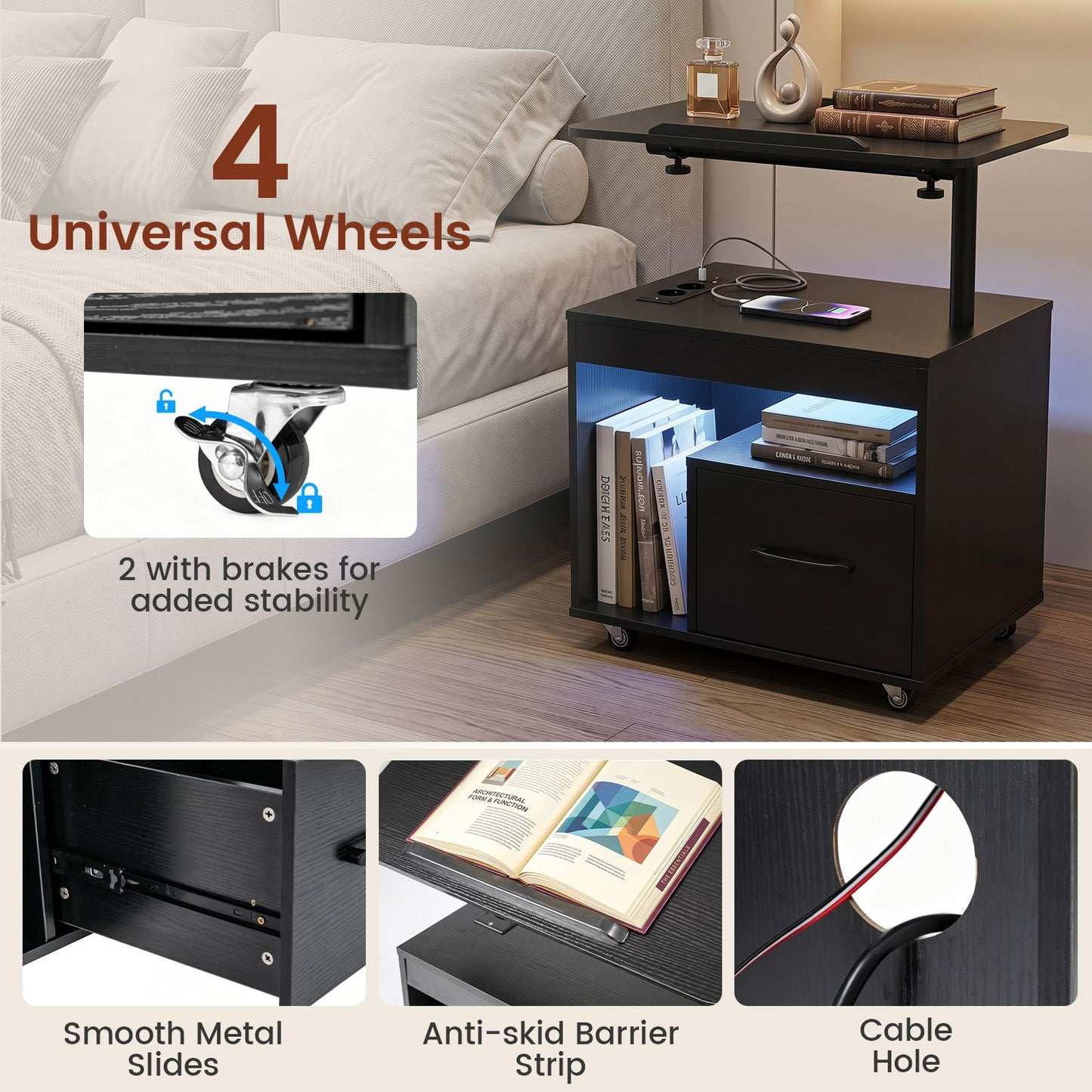 Nightstand with Charging Station and Rotatable Tabletop on Wheels for Bedroom