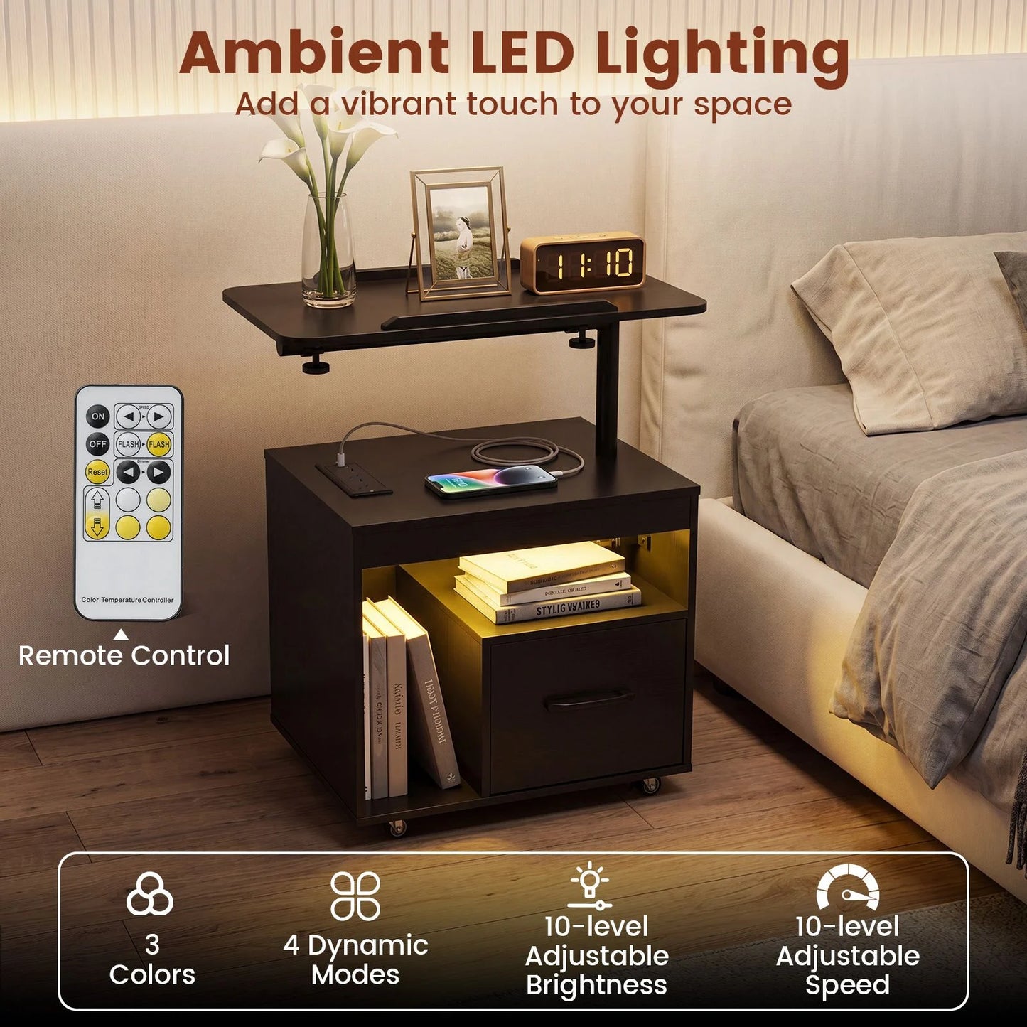 Nightstand with Charging Station and Rotatable Tabletop on Wheels for Bedroom