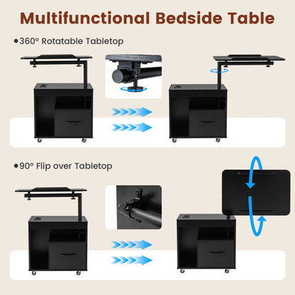 Nightstand with Charging Station and Rotatable Tabletop on Wheels for Bedroom