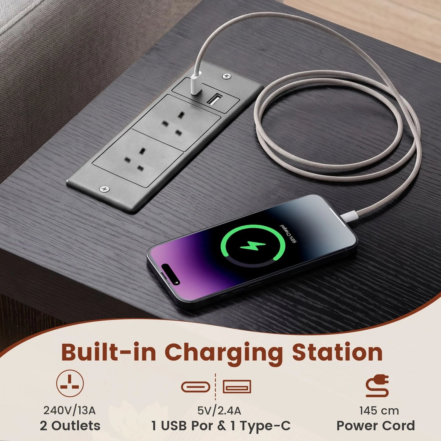 Nightstand with Charging Station and Rotatable Tabletop on Wheels for Bedroom