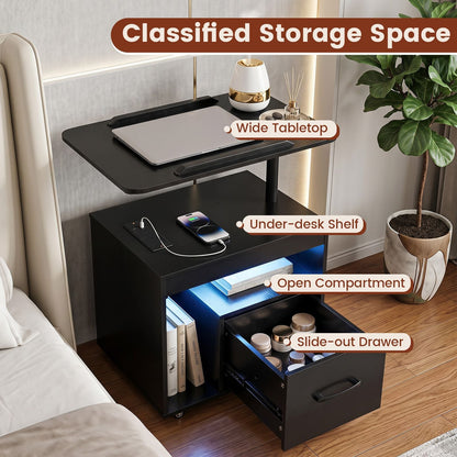 Nightstand with Charging Station and Rotatable Tabletop on Wheels for Bedroom