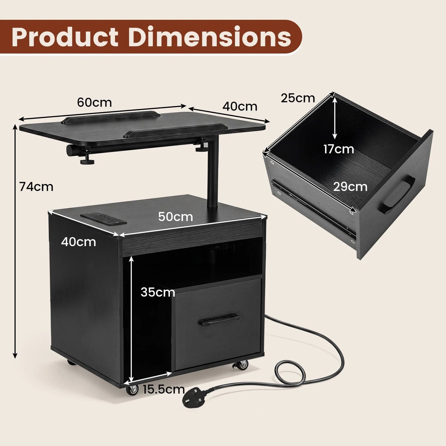 Nightstand with Charging Station and Rotatable Tabletop on Wheels for Bedroom