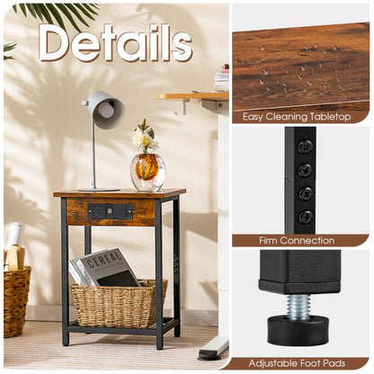 Nightstand Set of 2 with Charging Station and Open Shelf