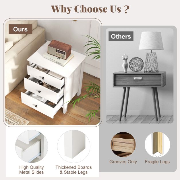 Nightstand with 3 Drawer for Bedroom Compact Storage Chest