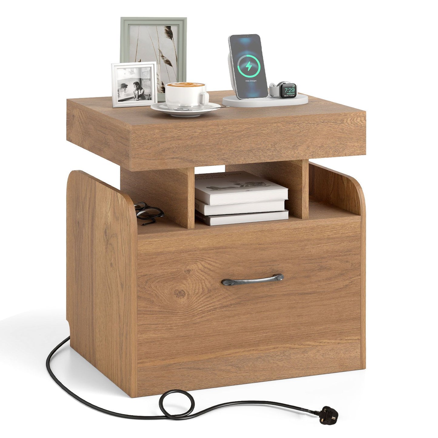 Nightstand with Charging Station with Drawer and Sliding Top Storage