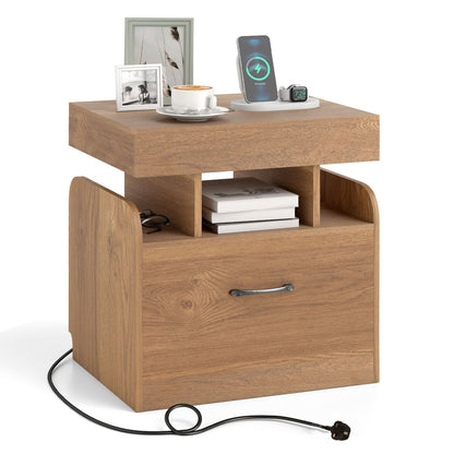 Nightstand with Charging Station with Drawer and Sliding Top Storage