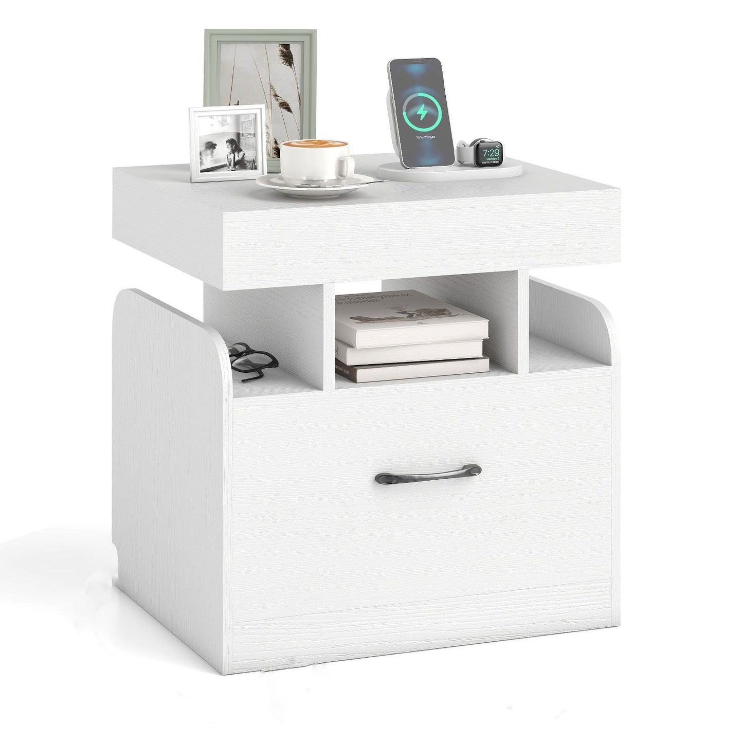 Nightstand with Charging Station with Drawer and Sliding Top Storage