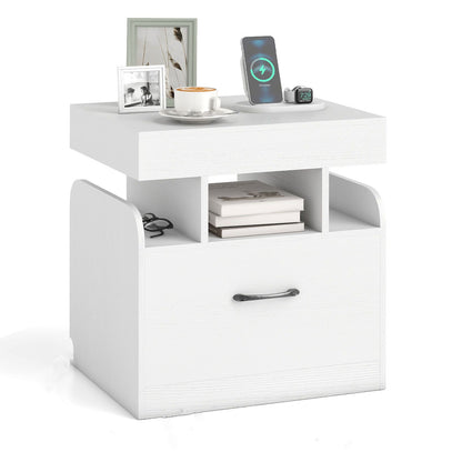 Nightstand with Charging Station with Drawer and Sliding Top Storage