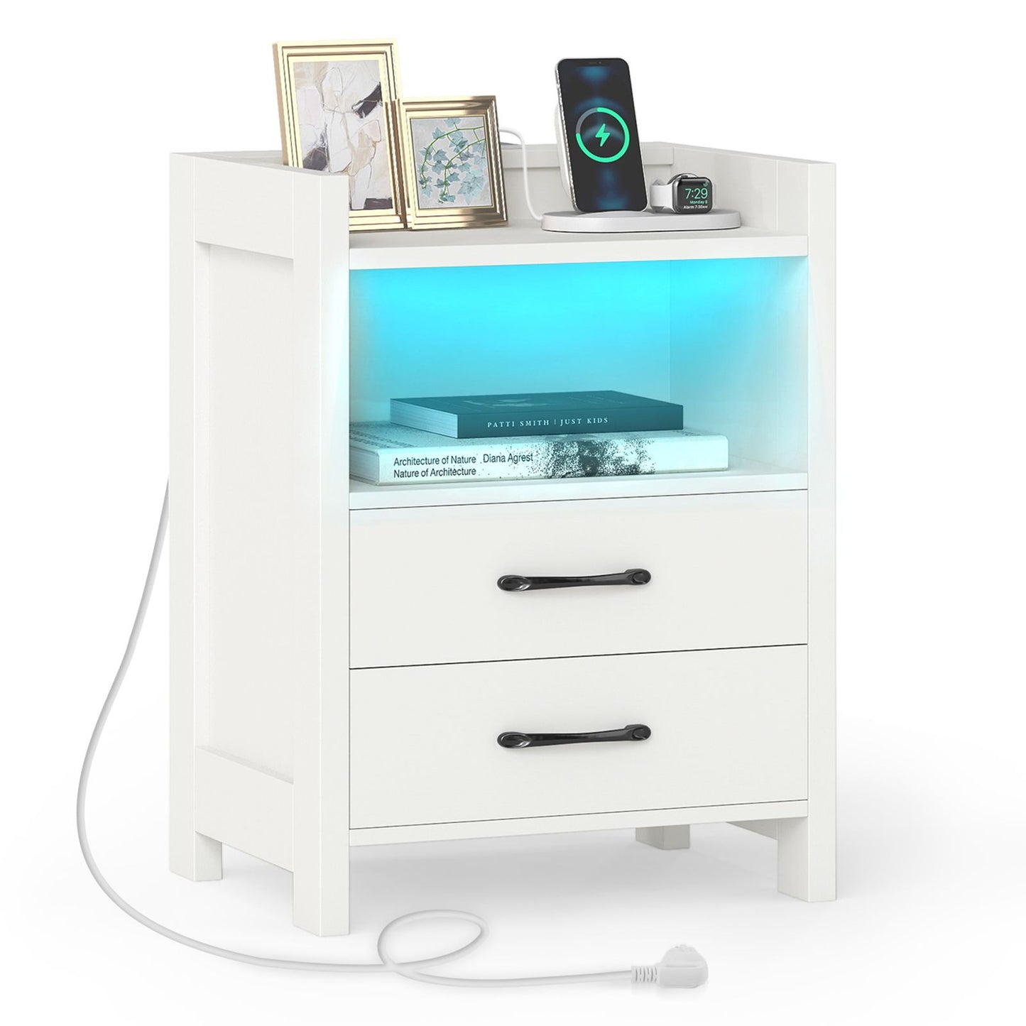 Nightstand with LED Lights and Power Outlets for Living Room