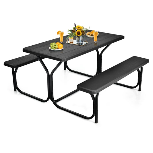 Picnic Table Bench Set with Metal Base Wood for Outdoor