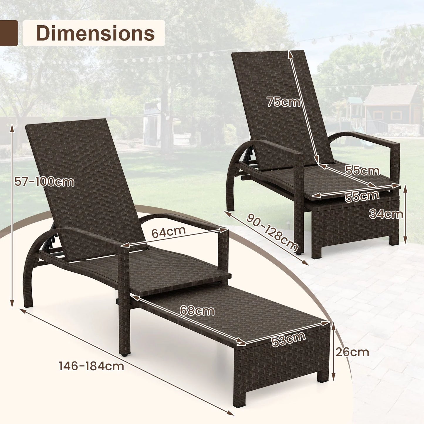 Outdoor Chaise Lounge Chair Patio Wicker Chaise Lounger with 6-Position Adjustable Backrest