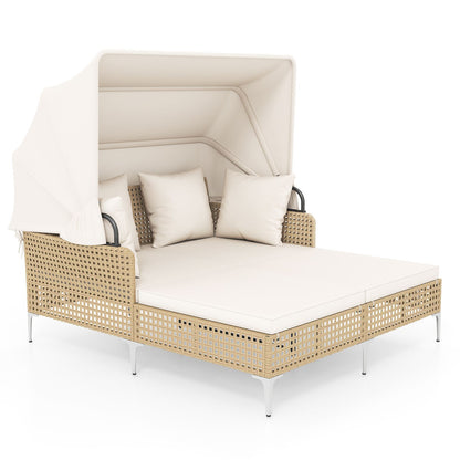 Garden Rattan Daybed, Patio Double Chaise Lounger Sun Bed with Retractable Canopy