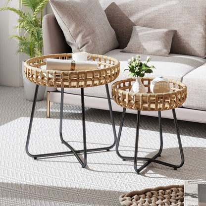Outdoor Round Side Table Set of 2 in Different Sizes PE Wicker Tables with Sturdy Metal Frames