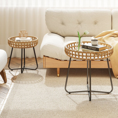 Outdoor Round Side Table Set of 2 in Different Sizes PE Wicker Tables with Sturdy Metal Frames