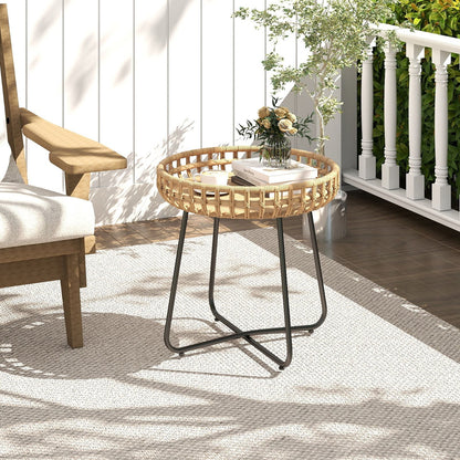 Outdoor Round Side Table Set of 2 in Different Sizes PE Wicker Tables with Sturdy Metal Frames