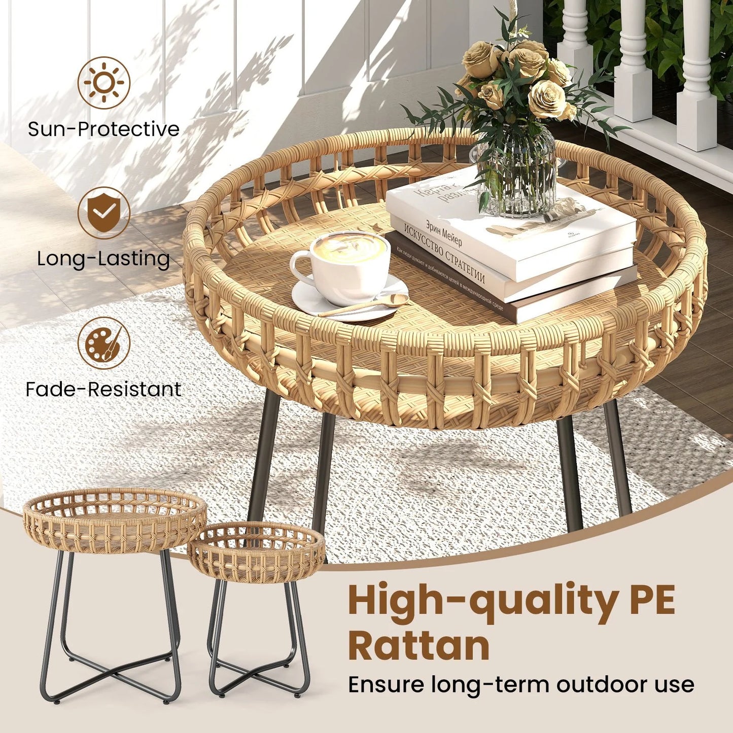 Outdoor Round Side Table Set of 2 in Different Sizes PE Wicker Tables with Sturdy Metal Frames