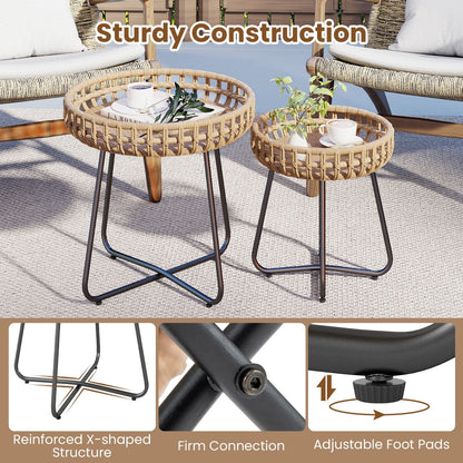 Outdoor Round Side Table Set of 2 in Different Sizes PE Wicker Tables with Sturdy Metal Frames