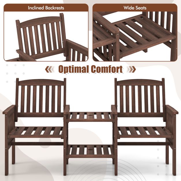 Outdoor Fir Wood Loveseat with 2-Tier Side Table and Umbrella Hole
