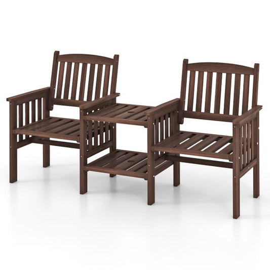 Outdoor Fir Wood Loveseat with 2-Tier Side Table and Umbrella Hole