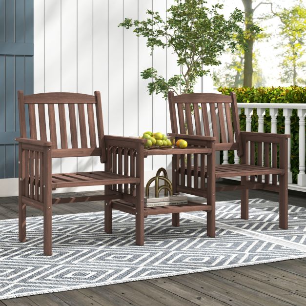 Outdoor Fir Wood Loveseat with 2-Tier Side Table and Umbrella Hole