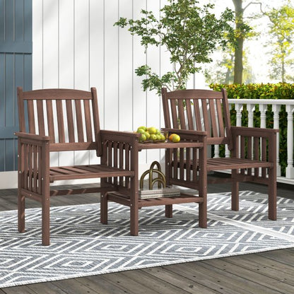 Outdoor Fir Wood Loveseat with 2-Tier Side Table and Umbrella Hole