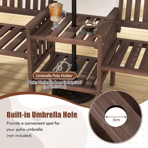 Outdoor Fir Wood Loveseat with 2-Tier Side Table and Umbrella Hole