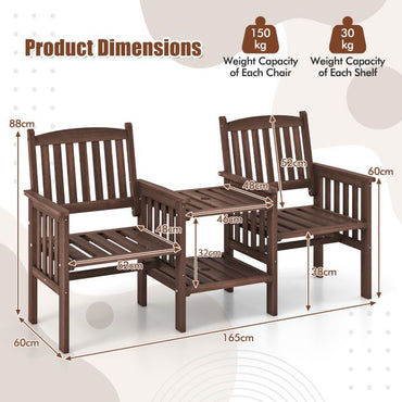 Outdoor Fir Wood Loveseat with 2-Tier Side Table and Umbrella Hole