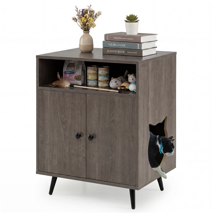 Hidden Cat Litter Box Enclosure, Wooden Kitty House End Table with Open Shelf