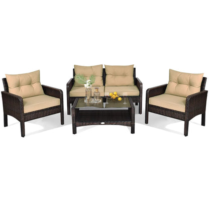 4-Piece Garden Rattan Conversation Furniture Set with Tempered Glass Table