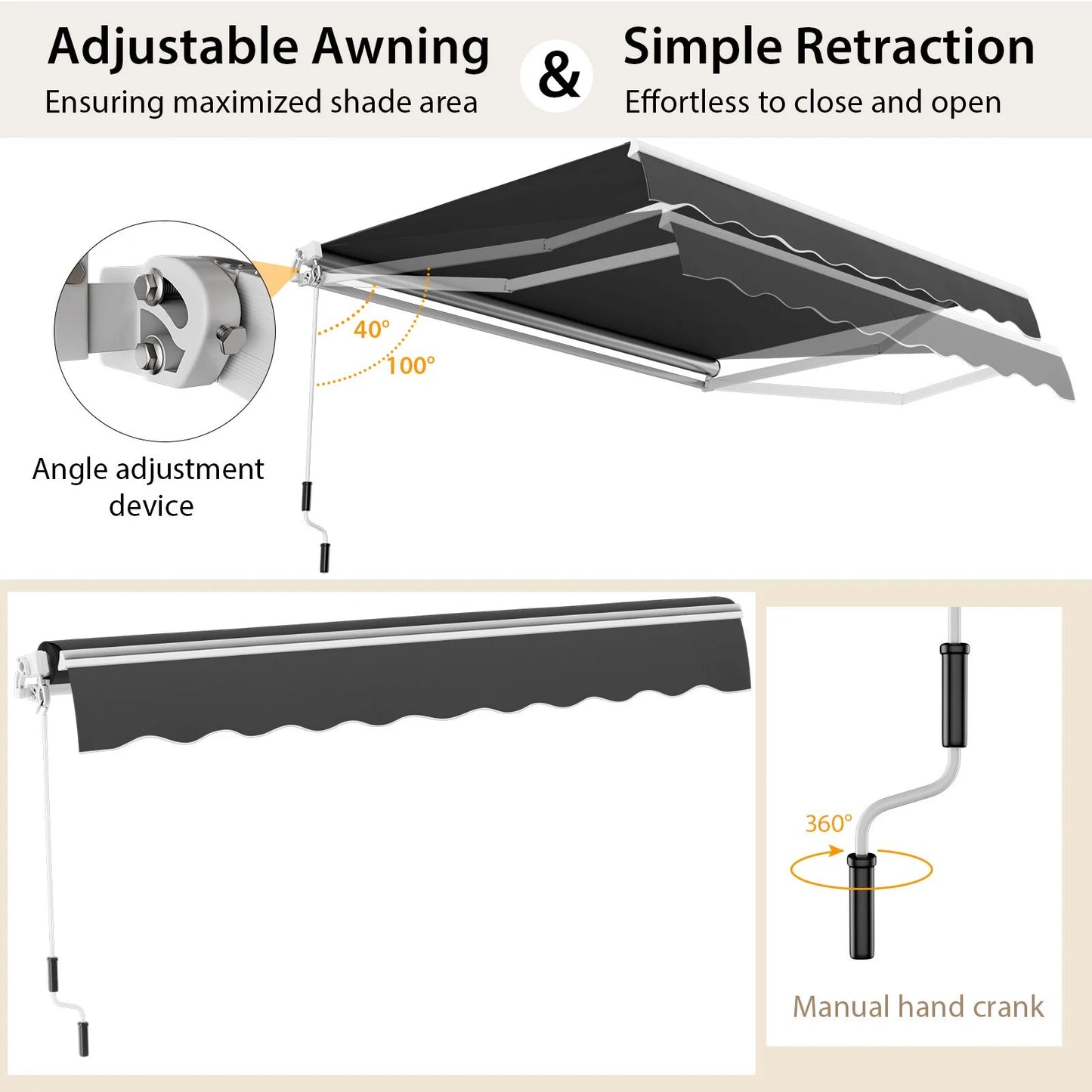 3.6 x 3 m Patio Retractable Awning with Manual Crank Handle