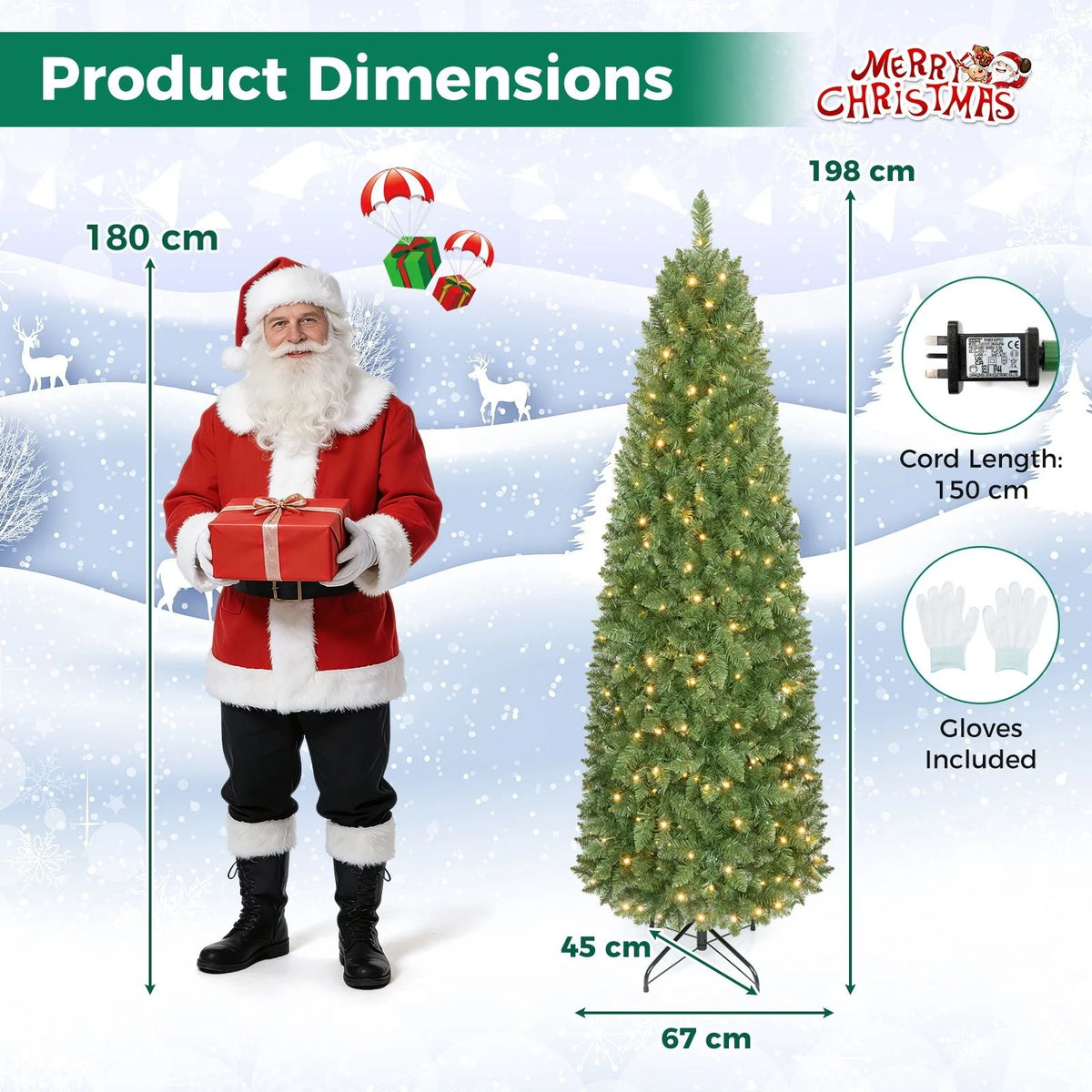 Pencil Christmas Tree with 350/250/150 LED Lights and 860/708/226 Branch Tips for Holiday