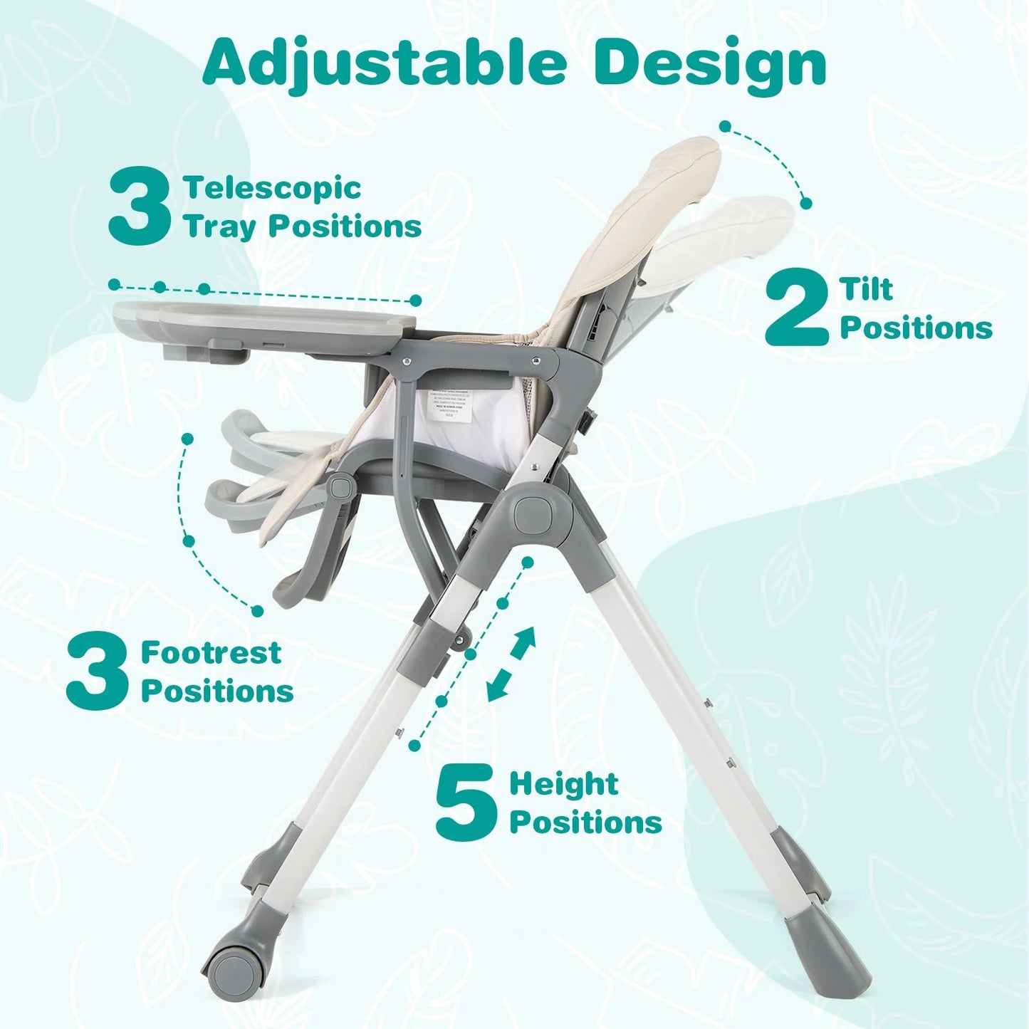 Portable Adjustable Highchair with Footrest and Detachable Tray for Babies