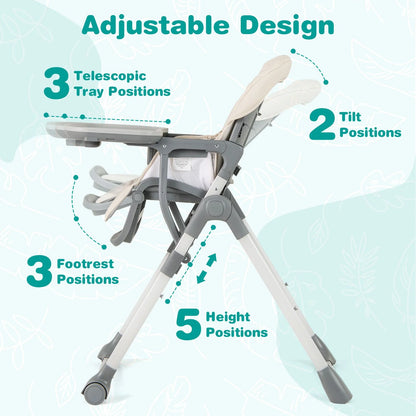 Portable Adjustable Highchair with Footrest and Detachable Tray for Babies