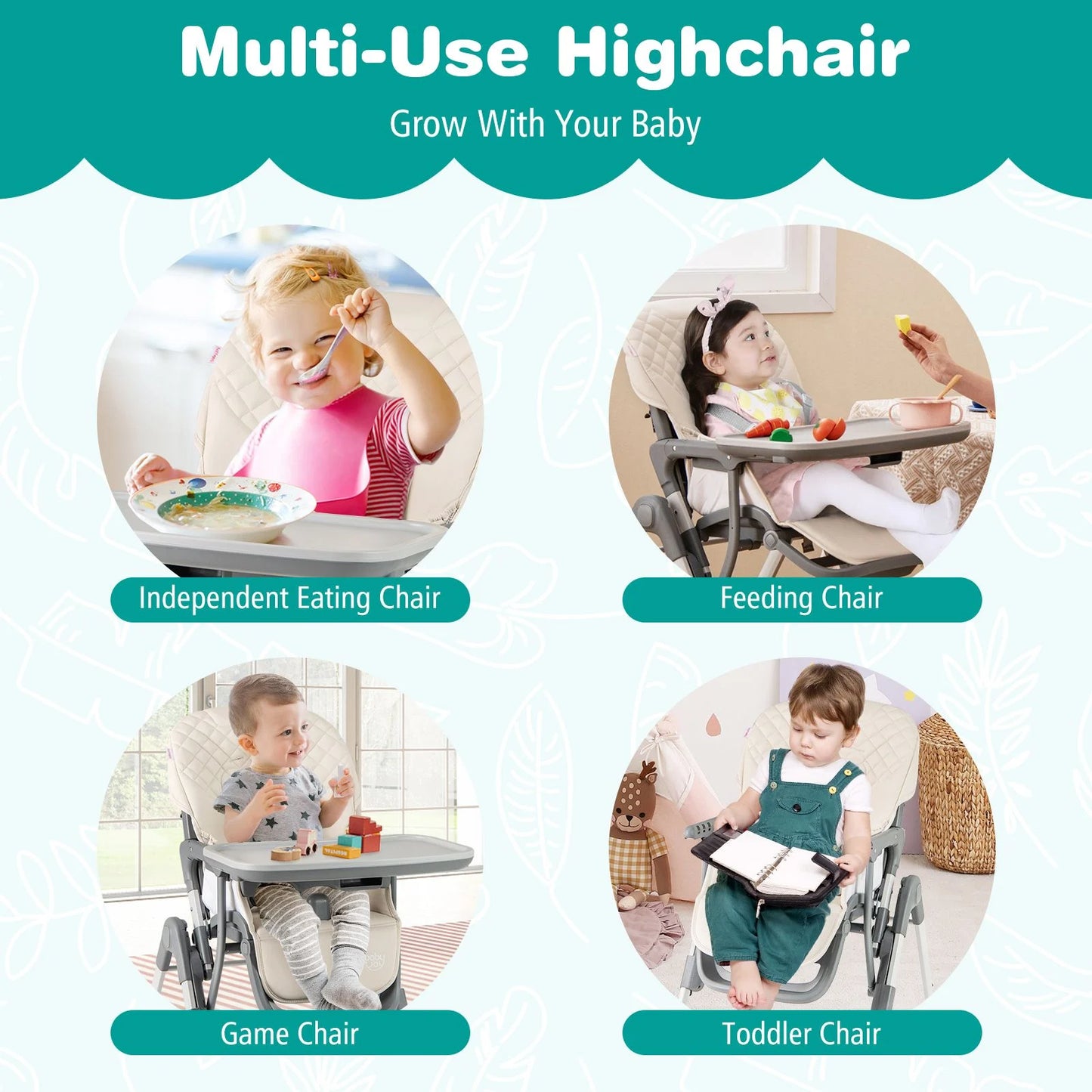 Portable Adjustable Highchair with Footrest and Detachable Tray for Babies