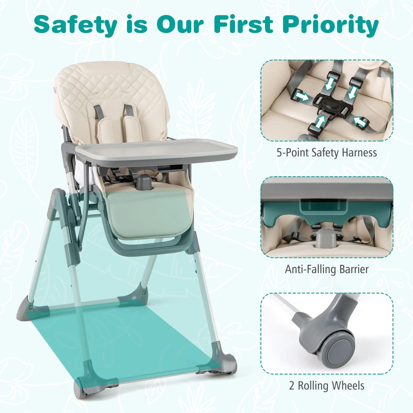 Portable Adjustable Highchair with Footrest and Detachable Tray for Babies