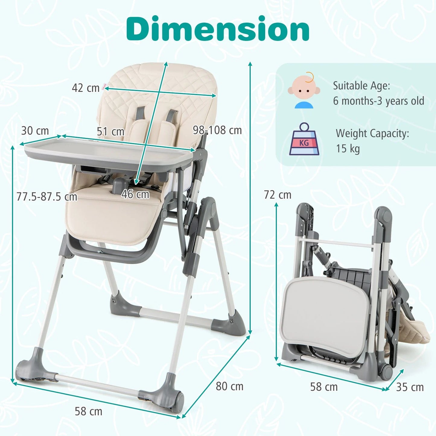 Portable Adjustable Highchair with Footrest and Detachable Tray for Babies