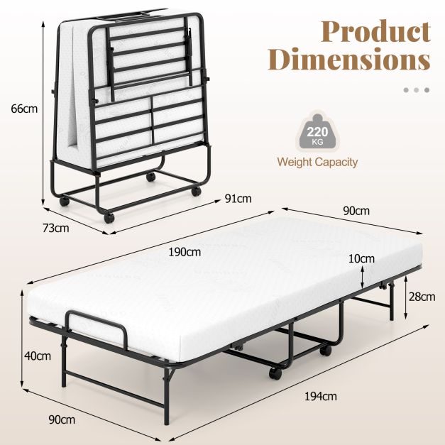 Portable Foldable Guest Bed with Heavy-duty Metal Frame and Mattress