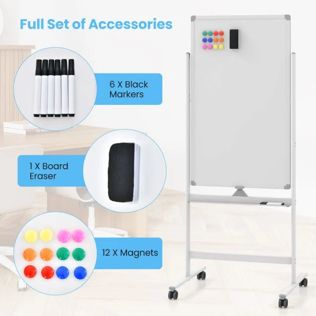 Reversible Rolling White Board with Black Markers and Board Eraser