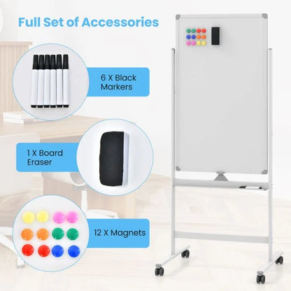 Reversible Rolling White Board with Black Markers and Board Eraser