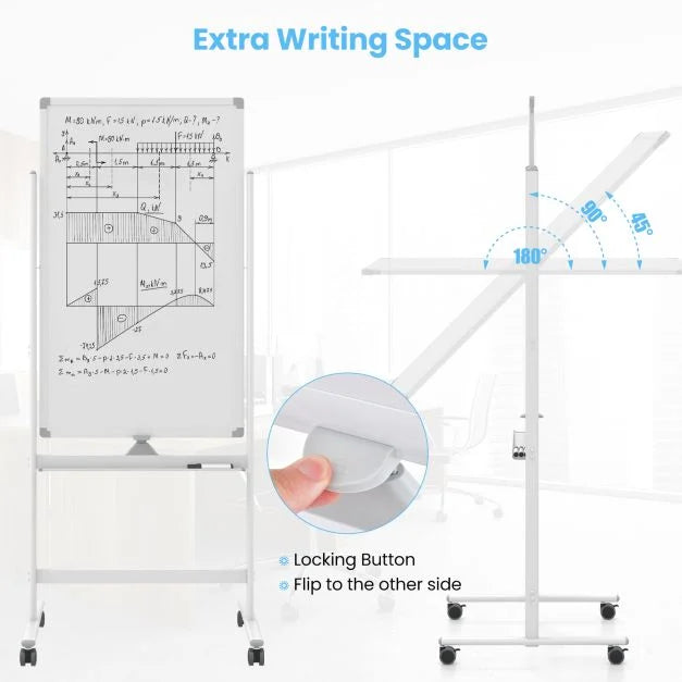 Reversible Rolling White Board with Black Markers and Board Eraser